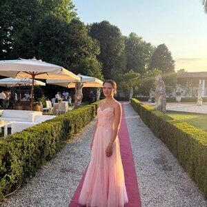 Ulrique Pink Lace Corset Tulle Maxi Dress - Size Medium